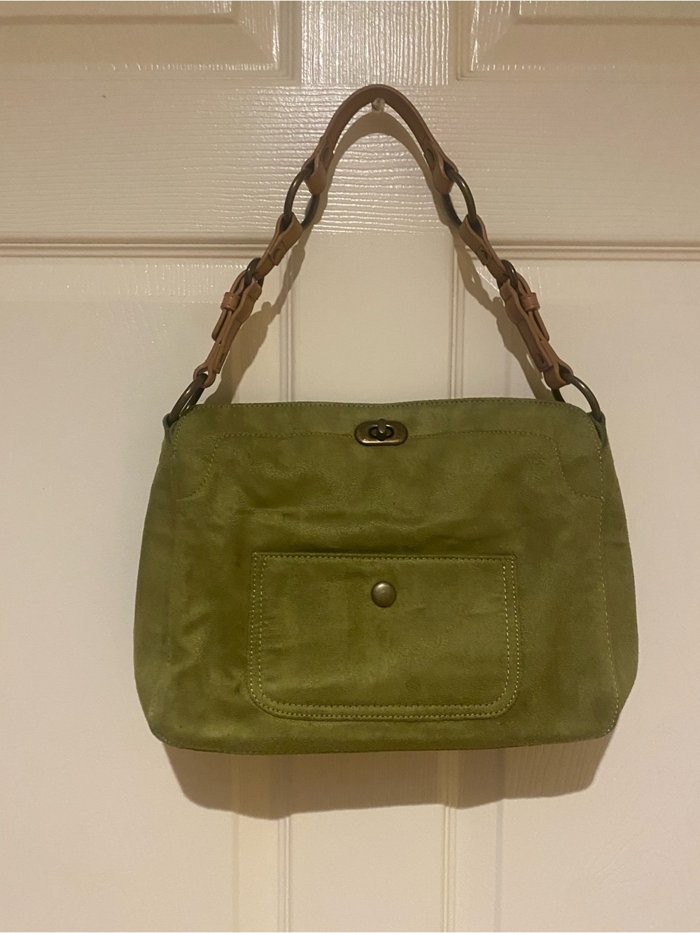 Cato Olive Green Suede Shoulder Bag with Tan Chain-Link Strap